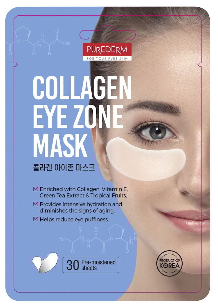 Frau mit Augenpflaster unter dem Auge, blauer Hintergrund.