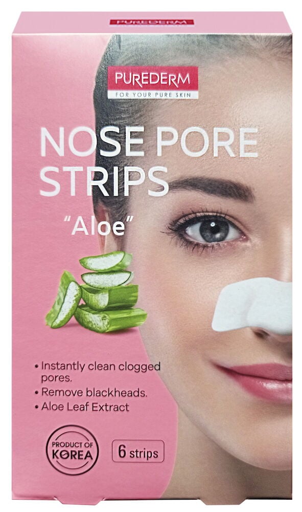 Rosa pakkaus, jossa on nenäteippi ja aloe vera -kuva.