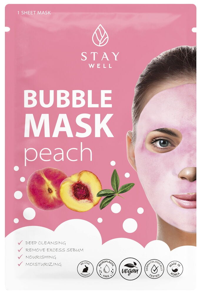Rosa Verpackung mit Blasenmaske und Pfirsich illustriert.