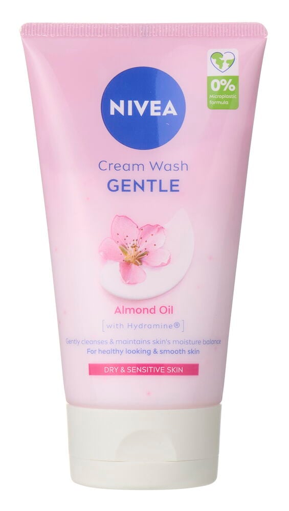 Rosa Tube Waschcreme Nivea 150 ml Gentle mit blauem Logo und Mandelblüten-Grafik.