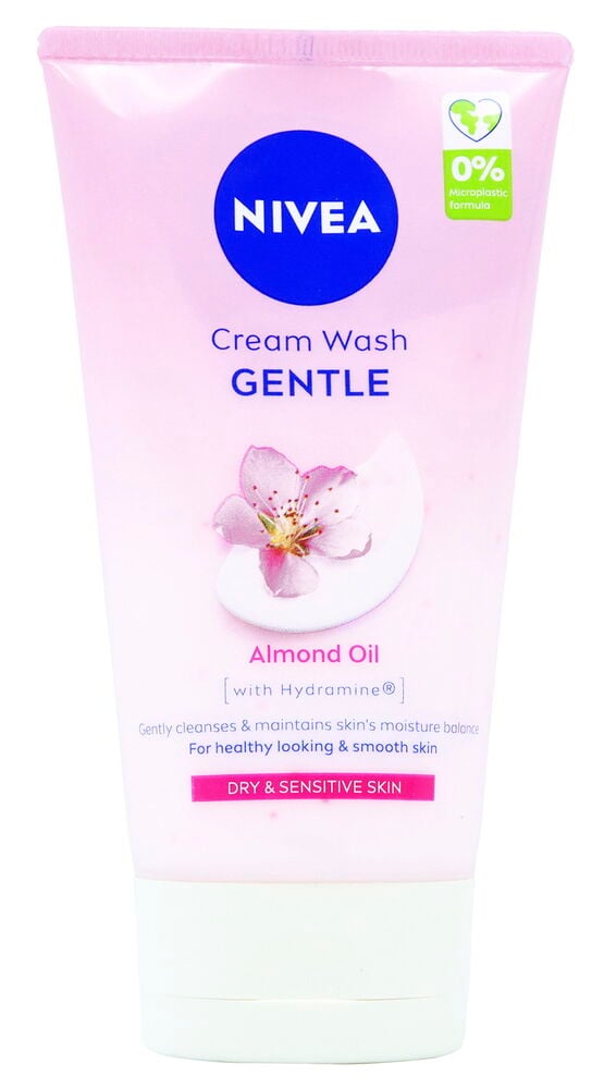Waschcreme Nivea 150 ml Gentle, eine rosa Tube mit blauem Logo, Mandelöl und weißem Verschluss.