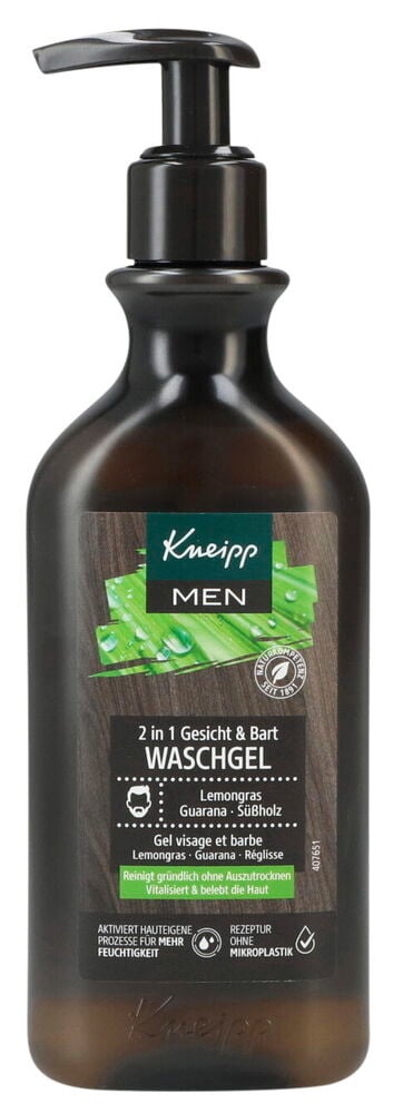 Gesichtsreiniger Kneipp 250 ml 2 in 1 Gesicht & Bart, eine dunkelbraune Pumpflasche mit schwarzem Spender und grünem Etikett.