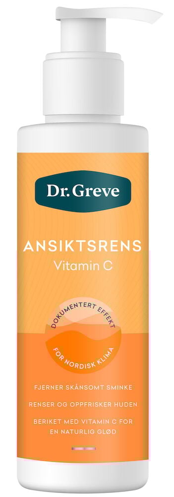 Orange pumpeflaske med Dr Greve ansiktsrens.