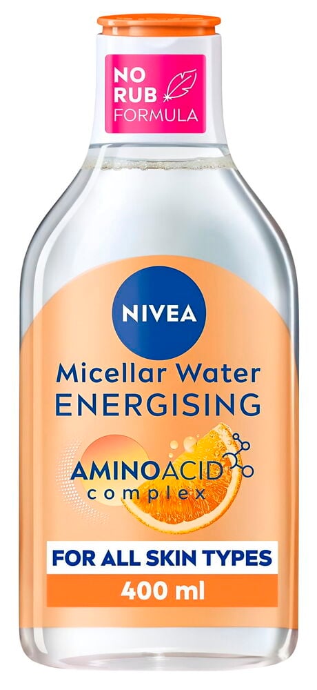 Nivea Misellivesi, kirkas 400 ml muovipullo oranssilla korkilla, oranssilla etiketillä ja pinkillä 'NO RUB' tarralla.
