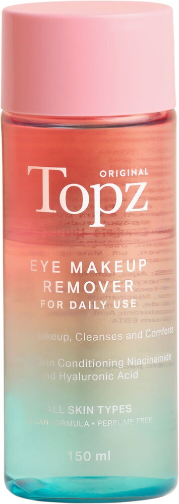 Silmämeikinpoistoaine Topz 150 ml vaaleanpunaisella korkilla pullossa, jossa oranssi-turkoosi liukuväri.