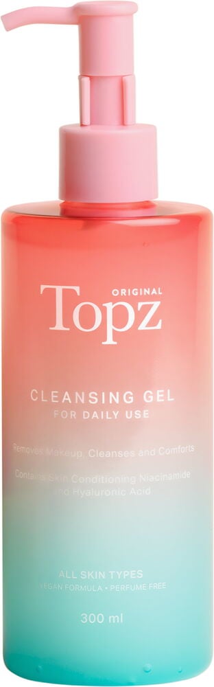 Puhdistusgeeli Topz 300 ml vaaleanpunaisessa pumppupullossa, jossa korallinpunainen-vaaleansinivihreä liukuväri.