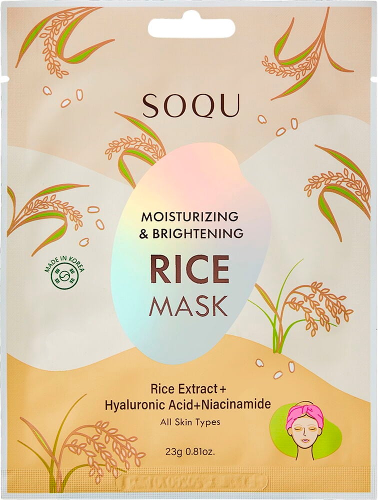 SOQU 1 st Rice Extract sheet mask i en beige påse med risillustrationer och text.