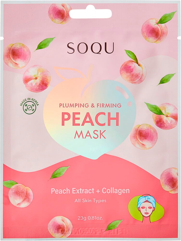 Rosa SOQU 1 st Peach Extract sheet mask förpackning, uppstramande, med persikoillustrationer och text.