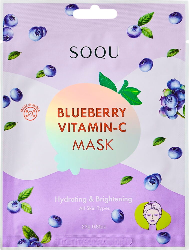 Sheet mask SOQU Blueberry Vitamin-C, ljuslila förpackning med blåbärsmotiv och holografisk text.