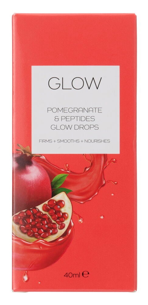 En röd förpackning Glow Drops Glow 40 ml Pomegranate med vit etikett och granatäppleillustration.