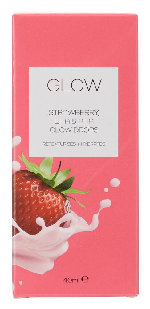 Rosa förpackning med Glow Drops Glow 40ml Strawberry, med en jordgubbe och vitt stänk.