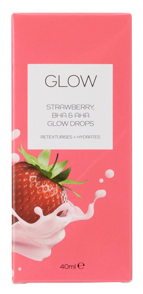 Glow Drops Glow 40 ml Strawberry, en rosa rektangulær eske med hvit tekst, jordbær og rosa væskesprut.
