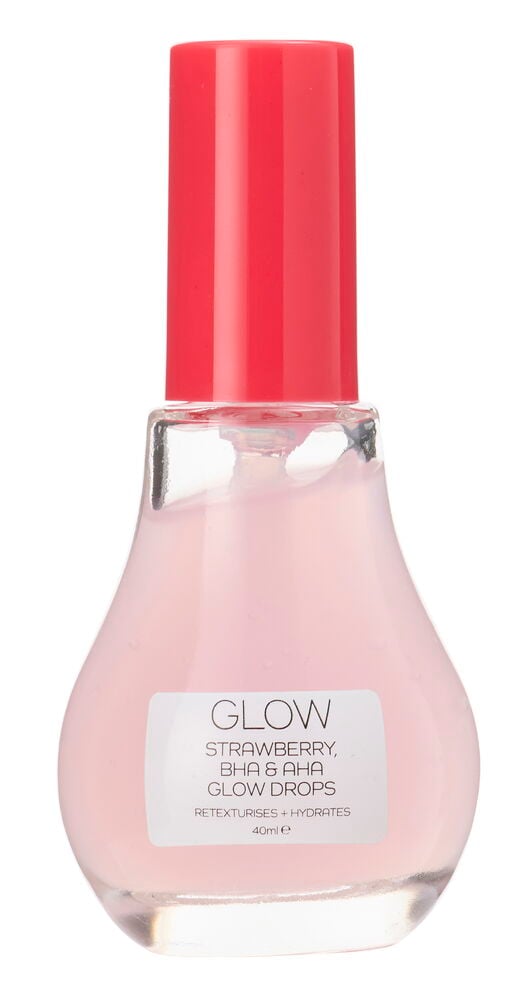 En klar glasflaska med Glow Drops Glow 40 ml Strawberry, ljust rosa vätska och korallröd kork.