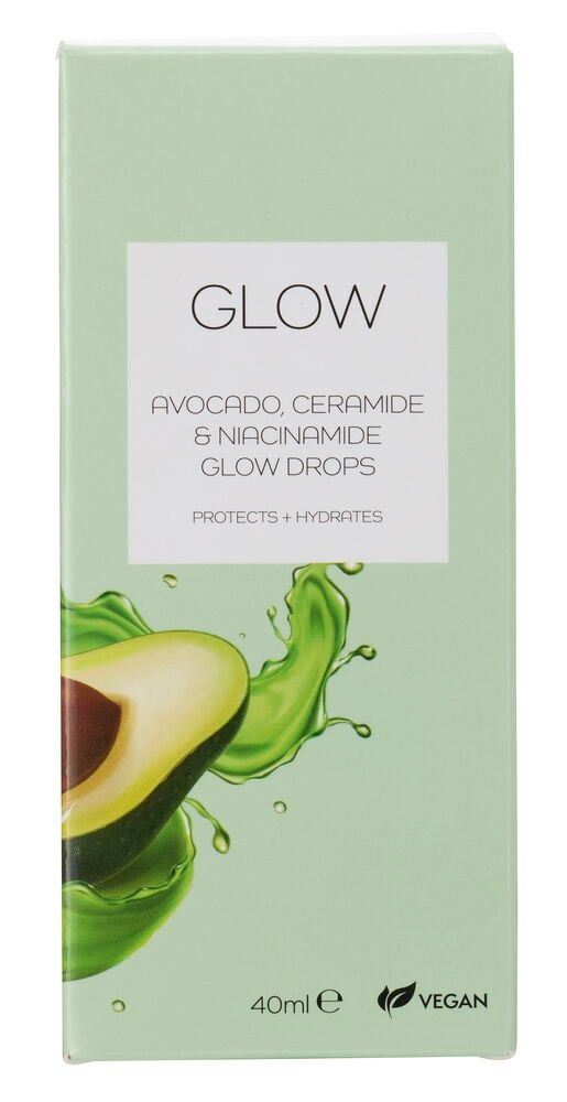 Lys grønn rektangulær Glow Drops Glow 40 ml Avocado eske med GLOW tekst, avokadobilde, 40ml e og veganlogo.