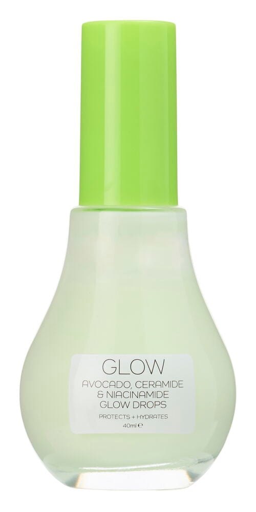 En lysegrønn pæreformet flaske Glow Drops Glow 40 ml Avocado med en knallgrønn kork.