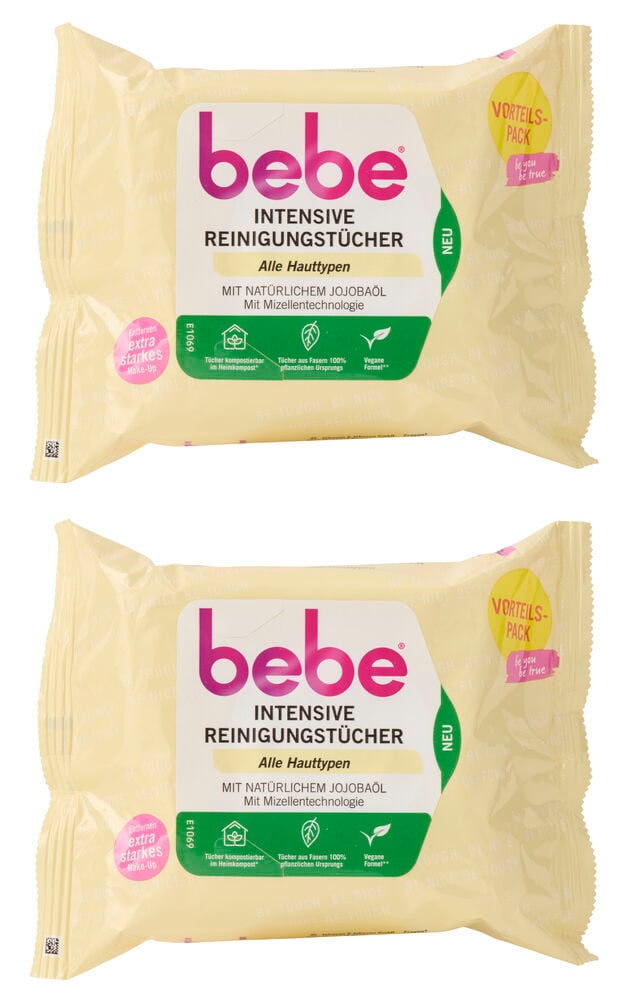 Zwei cremefarbene Pflegende Reinigungstücher bebe 2x25 er-Pack Intensive sind gestapelt.