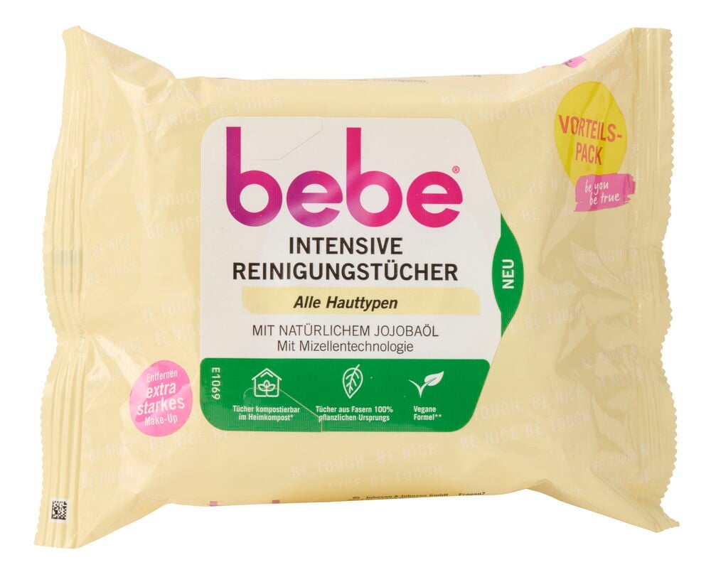 Helle beige Pflegende Reinigungstücher bebe 2x25 er-Pack Intensive, weiche Packung, Vorderansicht.