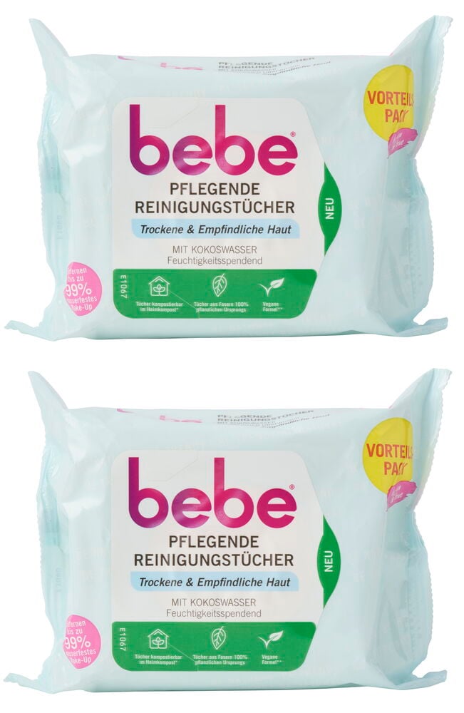 Zwei hellblaue bebe Pflegende Reinigungstücher 2x25er-Pack sind abgebildet.