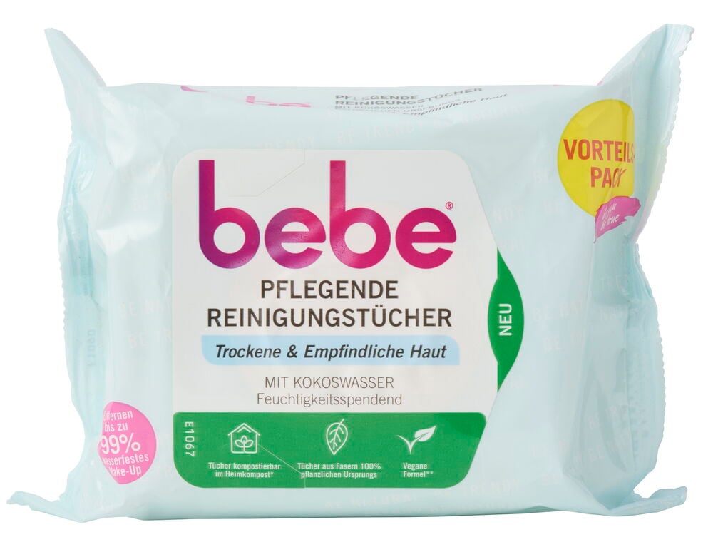 Eine hellblaue Packung Pflegende Reinigungstücher bebe 2x25 er-Pack für trockene und empfindliche Haut, Vorteilspack.