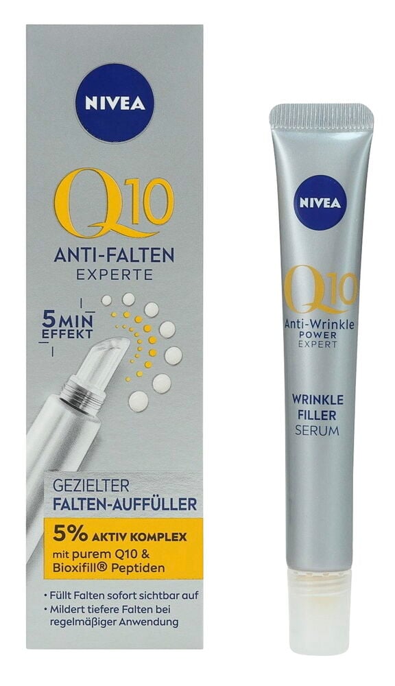 Eine silberne Nivea Q10 Anti-Falten Experte Box und passende Wrinkle Filler Serum Tube sind abgebildet.