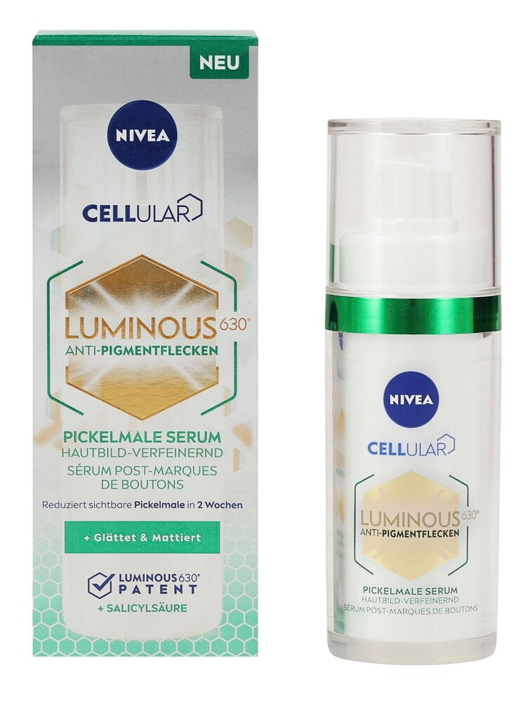 Gesichtsserum Nivea 30 ml Flasche, weiß mit grünem Band, neben einer passenden weißen und grünen Produktbox.