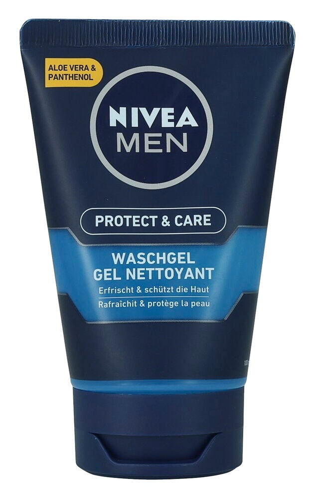 Dunkelblaue Nivea Men Protect & Care Gesichtsreinigungstube mit hellblauen Akzenten, Vorderansicht.
