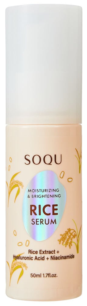 Frontvy av en SOQU 50ml Rice Serum flaska med vit kork och beige kropp med risgrafik.