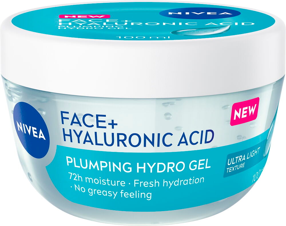 En Nivea Hyaluron Acid Plumping Hydro Gel i en rund transparent burk med vitt lock och blå etikett.