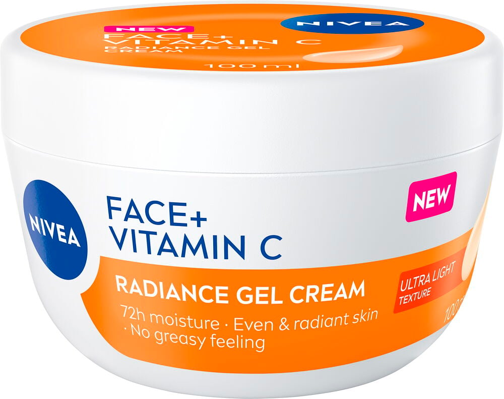 Vit Nivea 100 ml C-vitamin ansiktskrämburk med orange lock och etikett.