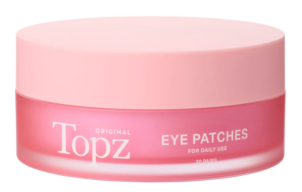 En rund, ljusrosa och mörkrosa burk med Topz Eye Patches, 30-pack, för daglig användning.