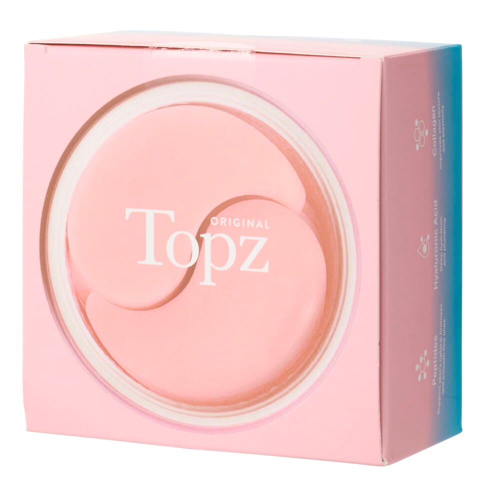 Rosa fyrkantig låda med Eye patches Topz 30-pack For Daily Use, som visar två rosa halvmåneformade patches.