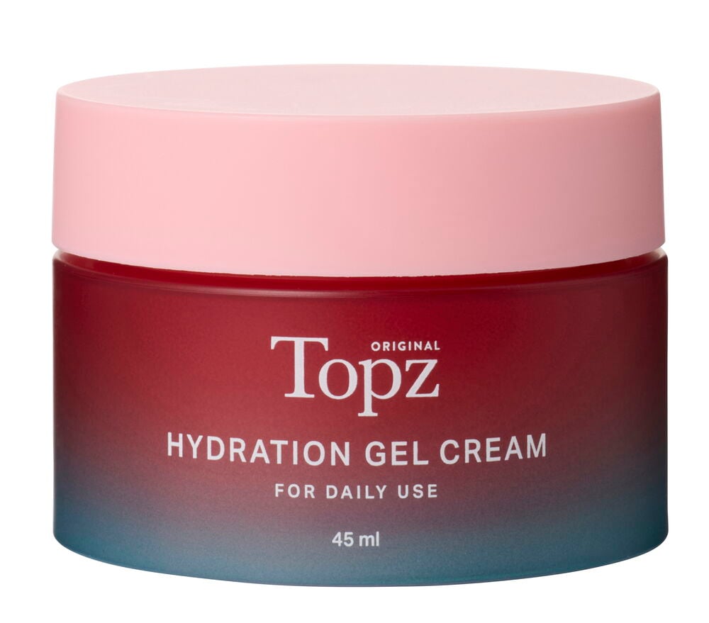 Ansiktskräm Topz 45 ml Hydration Gel: rund burk med rosa lock och röd-blå ombre-kropp.