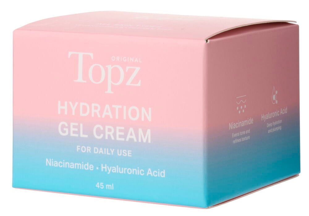 Ansiktskräm Topz 45 ml Hydration Gel i en rosa och blå gradientfärgad låda med produktdetaljer.