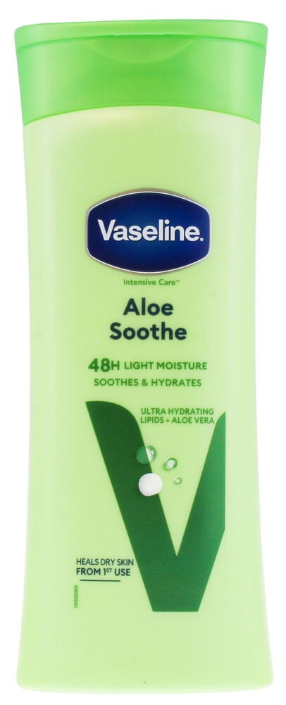 Körperlotion Vaseline 400 ml Aloe Soothe, eine hellgrüne Flasche mit dunkelgrünem Klappdeckel und weißem Text.