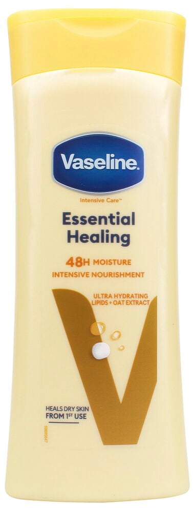 Cremefarbene Vaseline 400 ml Intensive Care Essential Healing Körperlotion Flasche mit gelbem Deckel und Textdetails.