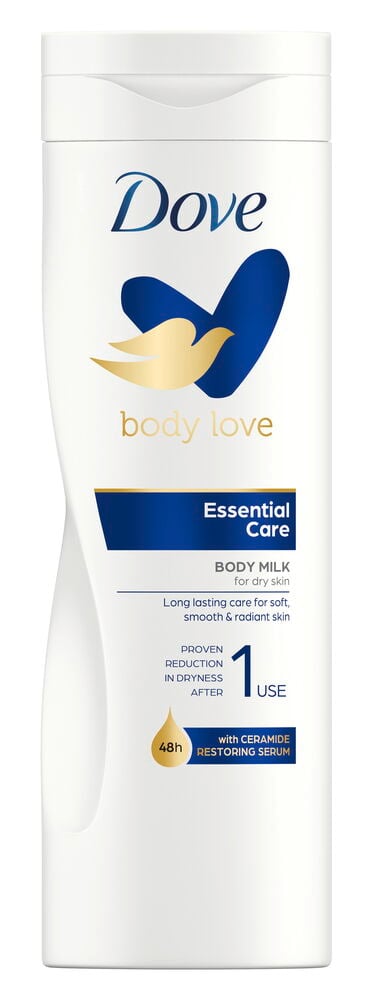 Hvit flaske med blå og gul Dove-logo.