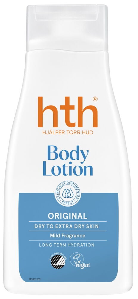 Hvit pumpeflaske med blå etikett og tekst.