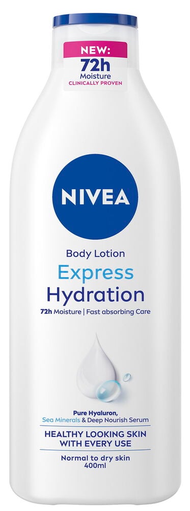 Hvit flaske med blått lokk og Nivea-etikett.