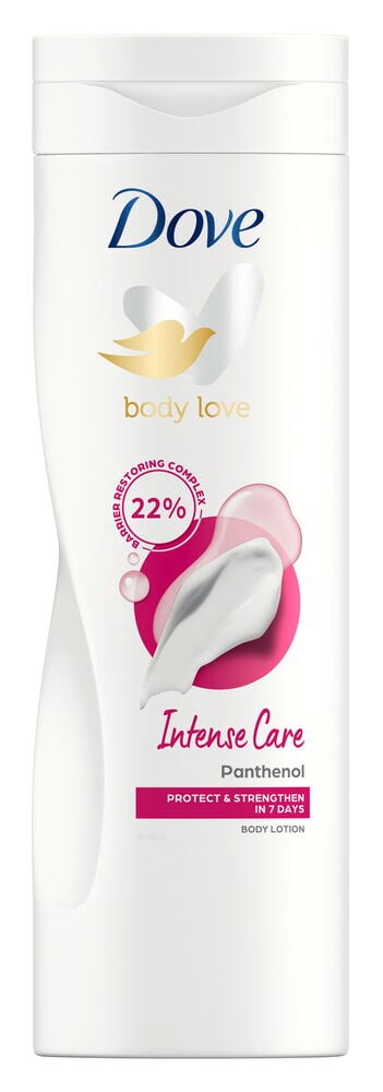 Weiße Dove-Körperlotionflasche mit rosa und goldenen Details.