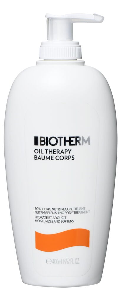 Hvit pumpeflaske med Biotherm Oil Therapy etikett.