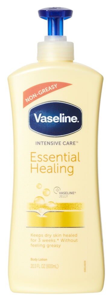Gul pumpeflaske Vaseline bodylotion Essential Healing.