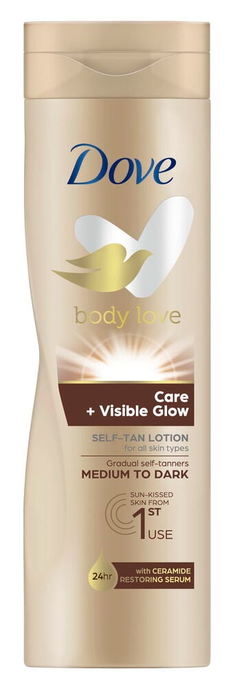 Kermaanvärinen pullo, jossa Dove-kosteusvoiteen etiketti.