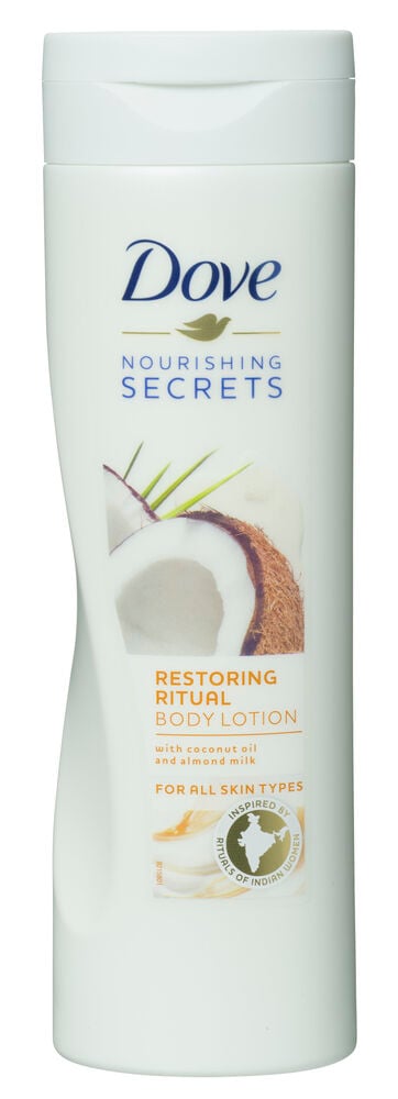 Weiße, konturierte Dove 250 ml Restoring Care Körperlotion-Flasche mit Kokosöl- und Mandelmilch-Etikett, Vorderansicht.