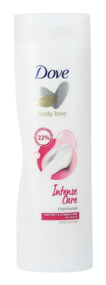 Weiße Dove Körperlotion-Flasche, Intense Care Panthenol, mit einem rosa-weißen grafischen Etikett.