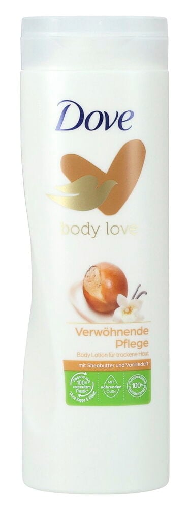 Eine weiße Dove Körperlotion, 400 ml, mit goldenem Taubenlogo, Sheabutter und Vanilleduft.