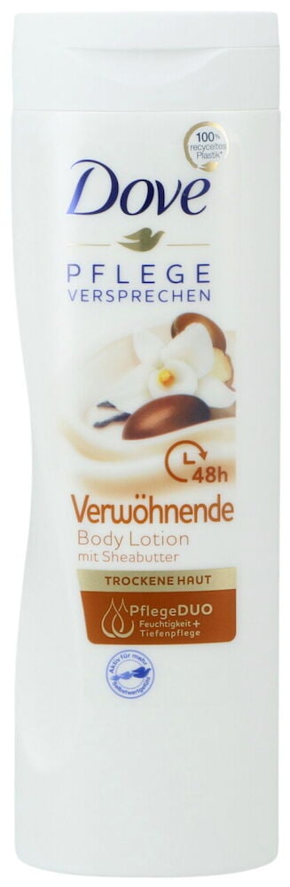 Weiße Dove 400 ml Verwöhnende Körperlotion Flasche mit Sheabutter- und Vanilleblumen-Grafik.