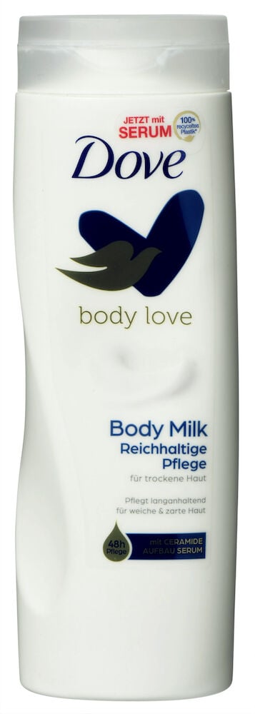 Weiße Körperlotion Dove 400 ml Hydro Pflege Flasche mit blauer und grüner Schrift und Taubenlogo.