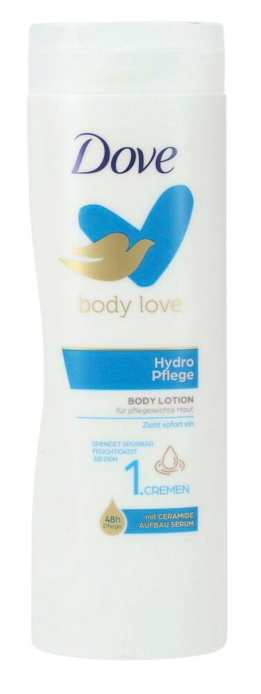 Weiße Dove Hydro Pflege Körperlotion-Flasche, 400ml, mit blauen und goldenen Akzenten, Vorderansicht.