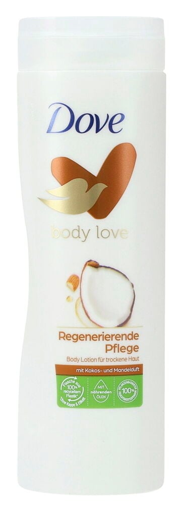 Weiße konturierte Flasche Körperlotion Dove 400 ml Regenerating Care mit Etikett mit Kokos und Mandel.