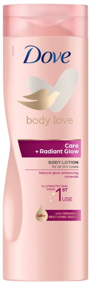 Rosa Dove kroppslotionflaske med etikett og plastlokk.